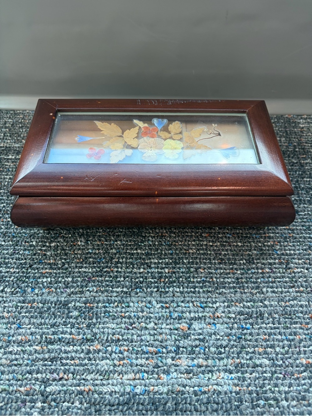 Vintage The Bombay Company 1990 Wood Jewelry Box Pressed Flower Glass Top - Read